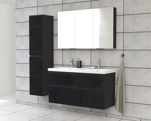 Badezimmerensemble mit Waschbeckenunterschrank, Spiegelschrank und Hochschrank