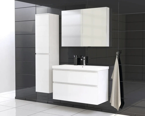 Badezimmer-Set mit Waschtischunterschrank, Spiegelschrank und Hochschrank