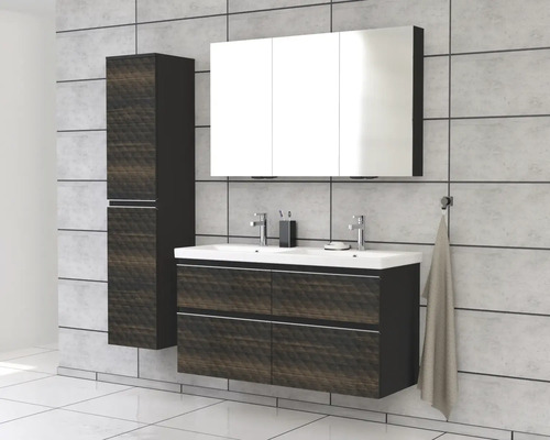 Modernes Badezimmer-Set mit Waschtischunterschrank, Spiegelschrank und Hochschrank.