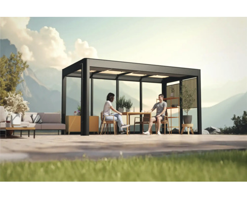 Moderne Pergola mit Sitzgruppe und Tisch im Garten