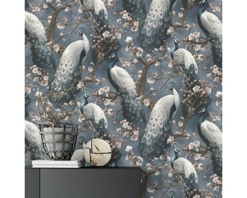Tapete mit Pfauen und Kirschblütenmuster für die Wandgestaltung