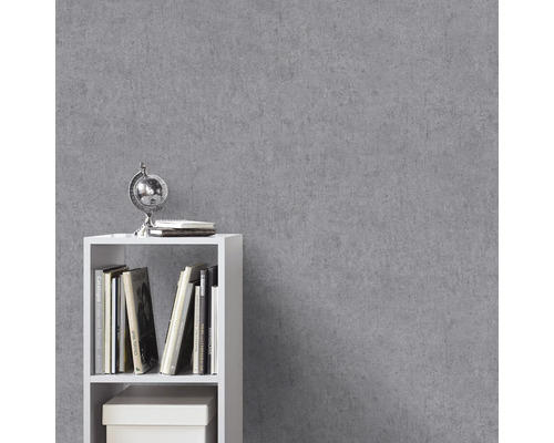 Graue Zement-Optik Tapete hinter einem weißen Regal mit Büchern, Globus und Schachtel