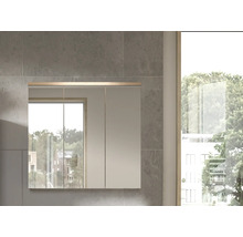 Spiegelschrank im Badezimmer mit mehreren Türen an der Wand.