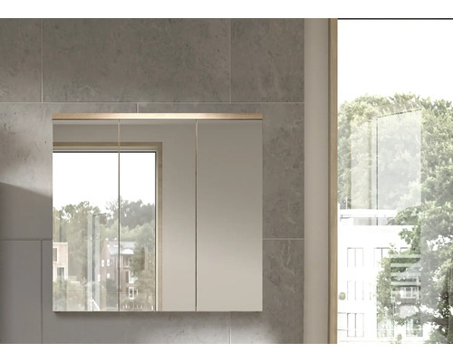 Spiegelschrank im Badezimmer mit mehreren Türen an der Wand.