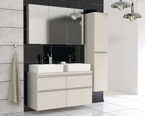 Badezimmerensemble mit Waschtischunterschrank, Aufsatzwaschbecken, Spiegelschrank und Hochschrank