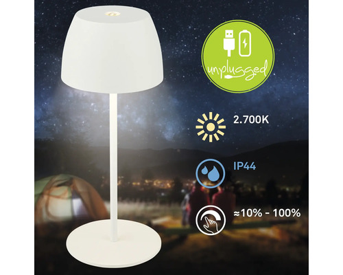 Tischleuchte mit Akku und den Symbolen für Akkubetrieb, Lichtfarbe 2700 Kelvin, Schutzart IP44 und Dimmbarkeit von 10 bis 100 Prozent