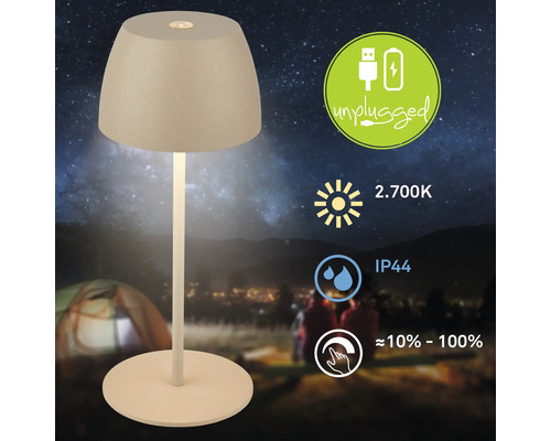 Akkubetriebene Tischleuchte mit LED, geeignet für den Außenbereich mit Schutzart IP44