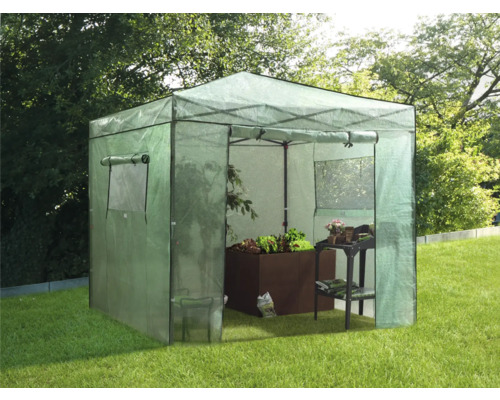 Gewächshaus mit Pflanzen und Gartentisch im Garten