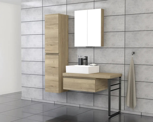 Modernes Badezimmer-Set mit Waschtisch, Spiegelschrank und Hochschrank in Holzoptik