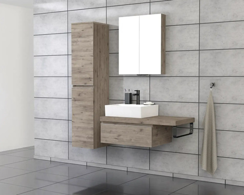 Badezimmer mit Waschbecken, Spiegelschrank und Hochschrank in Holzausführung