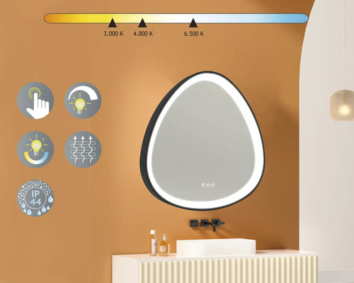 Beleuchteter Spiegel im Badezimmer mit Touchfunktion, einstellbarer Farbtemperatur, Heizfunktion und IP44 Schutzart.