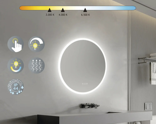 Runder Spiegel mit LED-Beleuchtung an einer Badezimmerwand mit Waschbecken und Armatur sowie Symbolen für Funktionen.