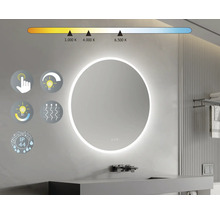 Runder Spiegel mit LED-Beleuchtung im Badezimmer. Touch-Funktion, einstellbare Lichtintensität, einstellbare Farbtemperatur. IP44: Schutz gegen Spritzwasser aus allen Richtungen.