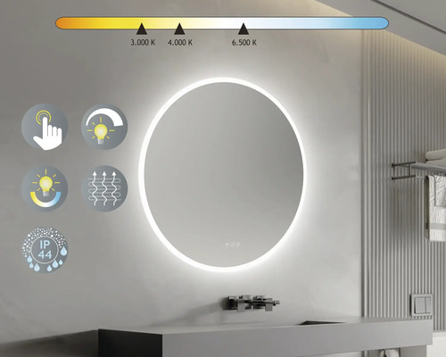 Runder Spiegel mit LED-Beleuchtung im Badezimmer. Touch-Funktion, einstellbare Lichtintensität, einstellbare Farbtemperatur. IP44: Schutz gegen Spritzwasser aus allen Richtungen.