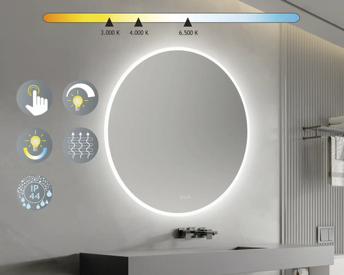 Runder Spiegel mit LED-Beleuchtung im Badezimmer mit Touchfunktion, Lichtfarbensteuerung, Heizung und Schutzart IP44.