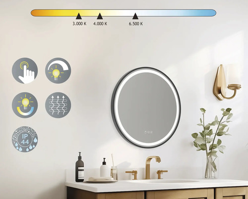 Runder Badezimmerspiegel mit LED-Beleuchtung, Touchfunktion, Dimmfunktion, Heizfunktion und Schutzart IP44 in einem Badezimmer