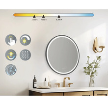 Badezimmer mit runden Spiegel, Temperaturregelung, Touchsensor, Dimmfunktion, Antibeschlagfunktion und Schutzart IP44.
