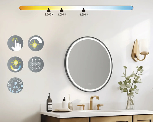 Badezimmer mit runden Spiegel, Temperaturregelung, Touchsensor, Dimmfunktion, Antibeschlagfunktion und Schutzart IP44.