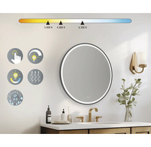 Runder Badezimmerspiegel mit LED Beleuchtung, Touchsensor und einstellbarer Farbtemperatur von 3000 bis 6500 Kelvin, Schutzart IP44.