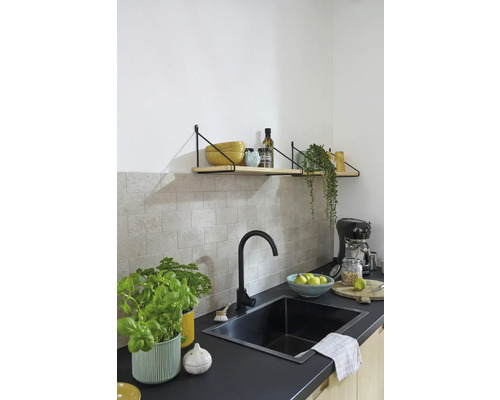 Küchenszene mit Spüle, Armatur, Regalen und Dekoration