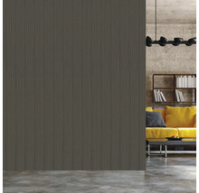 Innenraum mit Wandpaneelen, Regal und Sofa