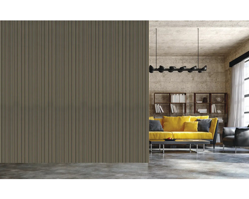 Modernes Wohnzimmer mit Akustikpaneelwand, gelbem Sofa und Bücherregal