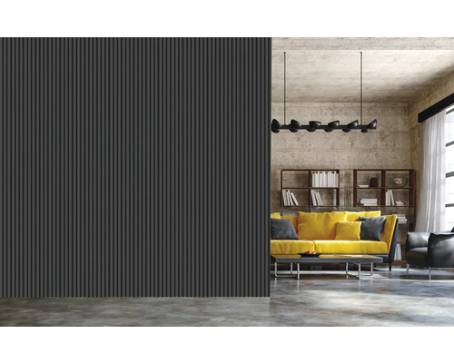 Modernes Wohnzimmer mit grauer Lamellenwand, gelbem Sofa und Regalen