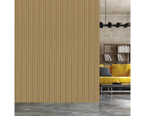 Innenraum mit geriffelter Holzvertäfelung, Sofa, Regal und Pendelleuchte