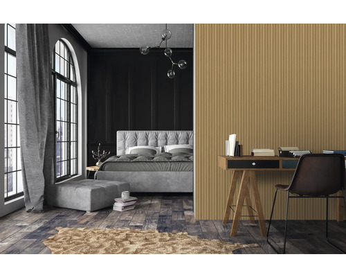 Schlafzimmer mit Bett, Schreibtisch und geriffelter Wandverkleidung