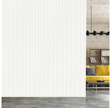 Innenraum mit Wandpaneelen in Streifenoptik, Sofa und Bücherregal