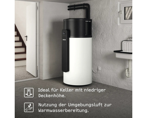 Warmwasserspeicher in einem Kellerraum, ideal für niedrige Deckenhöhe, Nutzung der Umgebungsluft zur Warmwasserbereitung