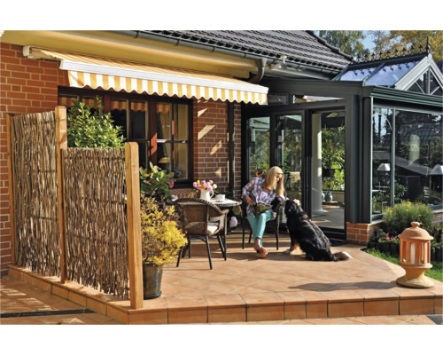 Terrasse mit Markise, Sichtschutzzaun und sitzender Frau mit Hund