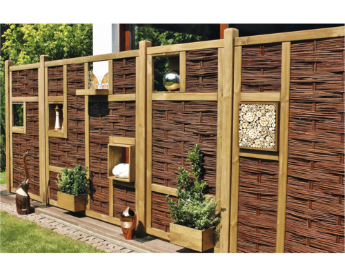 Hauptelement Weidengeflechtzaun Labo-3D 180 x 180 cm braun Dekorativer Sichtschutzzaun aus Weide mit Holzrahmen und integrierten Dekorationselementen