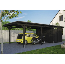 Carport mit Geräteschuppen aus Holz mit Auto und Motorrad