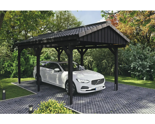 Einzelcarport SKAN HOLZ Fichtelberg inkl. Pfostenanker 317 x 566 cm anthrazit Auto unter einem Carport im Garten.