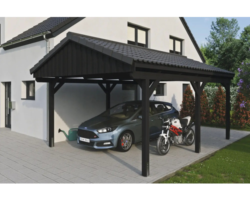 Einzelcarport SKAN HOLZ Fichtelberg inkl. Pfostenanker 423 x 566 cm anthrazit Holzcarport mit Auto und Motorrad im Hof