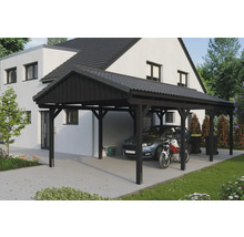 Carport aus Holz mit Auto und Motorrad