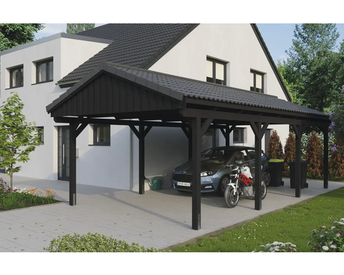 Einzelcarport SKAN HOLZ Fichtelberg inkl. Pfostenanker 423 x 808 cm anthrazit Carport aus Holz mit Auto und Motorrad
