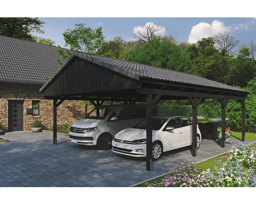 Doppelcarport SKAN HOLZ Fichtelberg inkl. Pfostenanker 618 x 808 cm anthrazit Carport mit zwei Stellplätzen aus Holz neben Wohnhaus mit zwei geparkten Autos