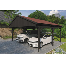Doppelcarport aus Holz mit zwei geparkten Autos