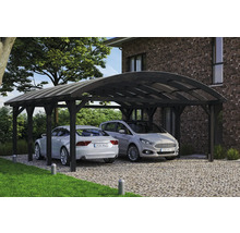 Doppelcarport aus Holz mit zwei parkenden Autos