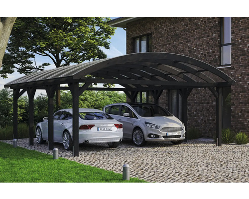 Doppelcarport SKAN HOLZ Franken inkl. Pfostenanker 635 x 755 cm anthrazit Doppelcarport aus Holz mit zwei parkenden Autos