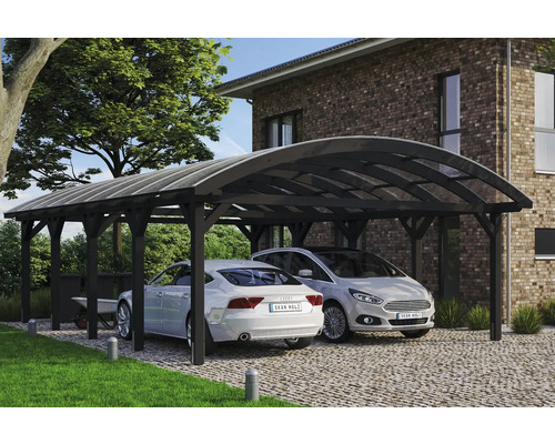 Doppelcarport SKAN HOLZ Franken inkl. Pfostenanker 635 x 969 cm anthrazit Doppelcarport aus Holz mit zwei geparkten Autos