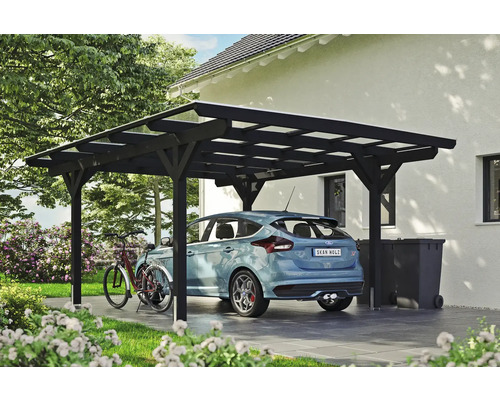Einzelcarport SKAN HOLZ Odenwald inkl. Pfostenanker 428 x 541 cm anthrazit Carport aus Holz mit Auto, Fahrrad und Mülltonnen