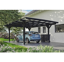 Carport mit Auto, Fahrrad und Mülltonnen im Garten