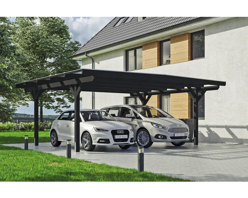 Doppelcarport SKAN HOLZ Odenwald inkl. Pfostenanker 640 x 541 cm anthrazit Doppelcarport aus Holz mit zwei parkenden Autos vor einem Wohnhaus