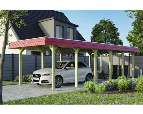 Einzelcarport SKAN HOLZ Spreewald rote Blende inkl. Pfostenanker 345 x 893 cm imprägniert