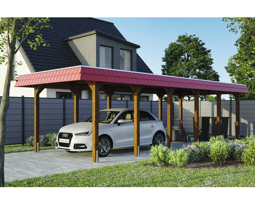 Einzelcarport SKAN HOLZ Spreewald rote Blende inkl. Pfostenanker, EPDM Folie 345 x 893 cm nussbaum