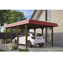 Einzelcarport SKAN HOLZ Spreewald rote Blende inkl. Pfostenanker 396 x 589 cm nussbaum