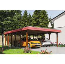 Doppelcarport SKAN HOLZ Spreewald rote Blende inkl. Pfostenanker 585 x 893 cm nussbaum